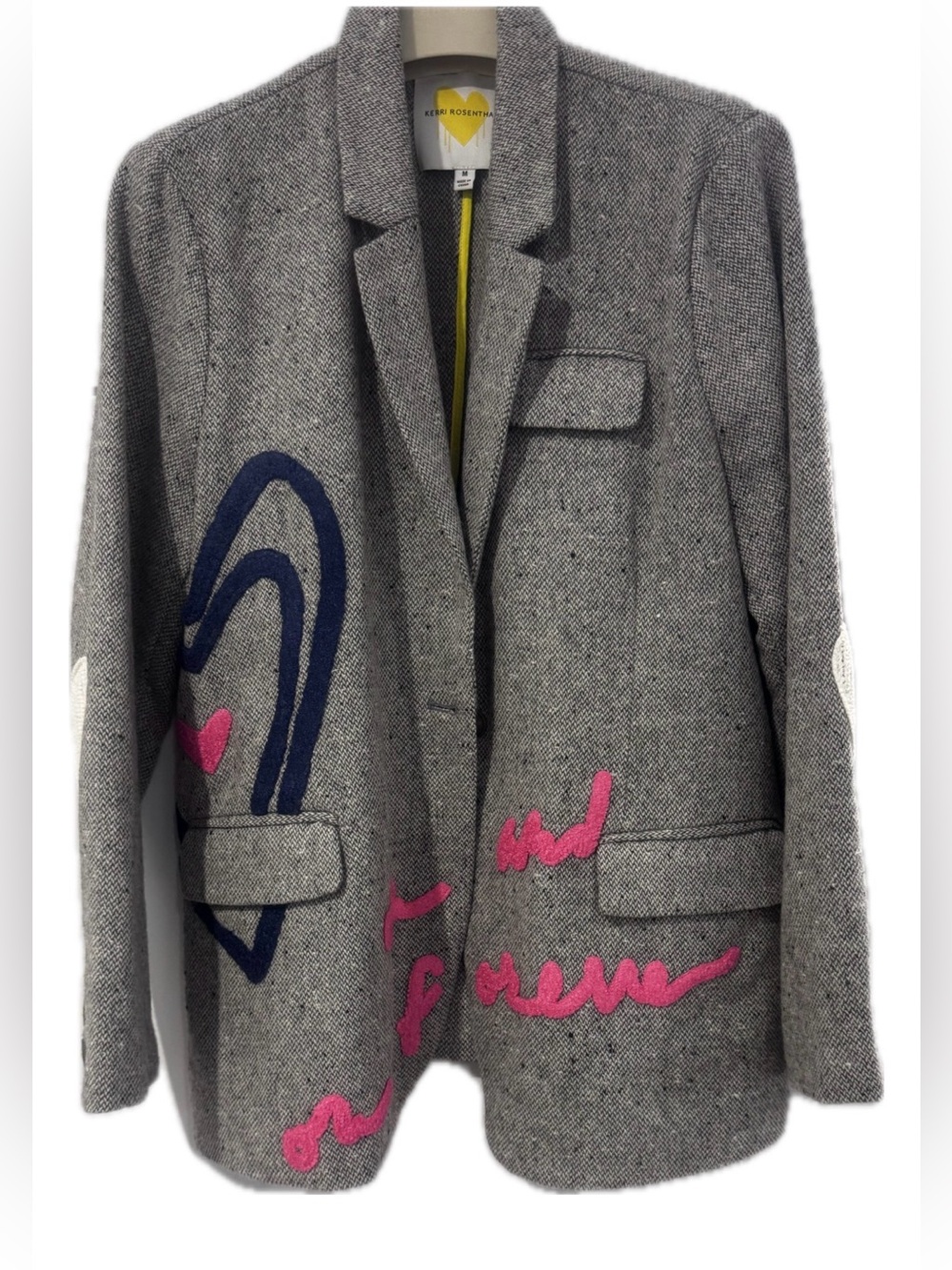 Kerri Rosenthal Gray Blazer with Navy Heart and Pink Script Accents